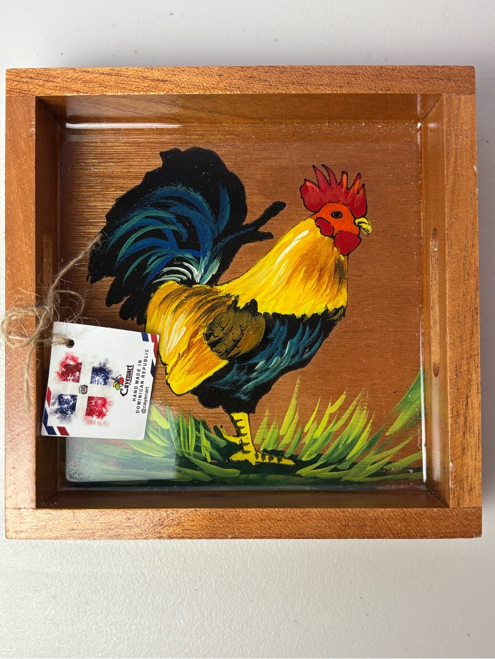 Hand Crafted Yellow & Black Rooster Decorative Wood Tray 6”x6”